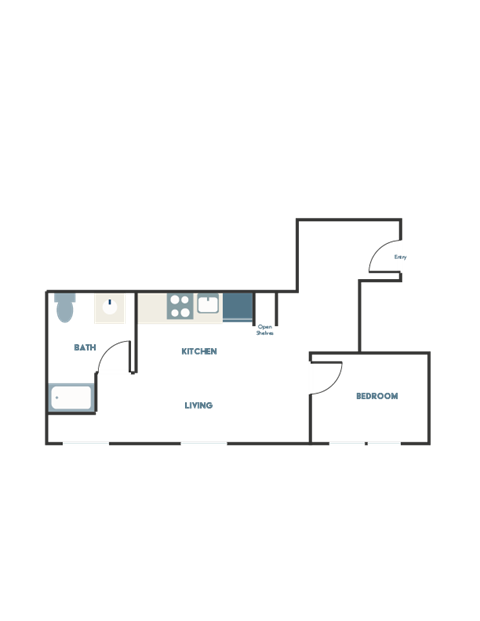 A floor plan of a home with a bedroom, living room, kitchen, and bathroom.